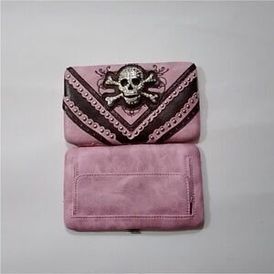 Pink Skull Embellished Women's Clutch Cross Western Bling Wallet